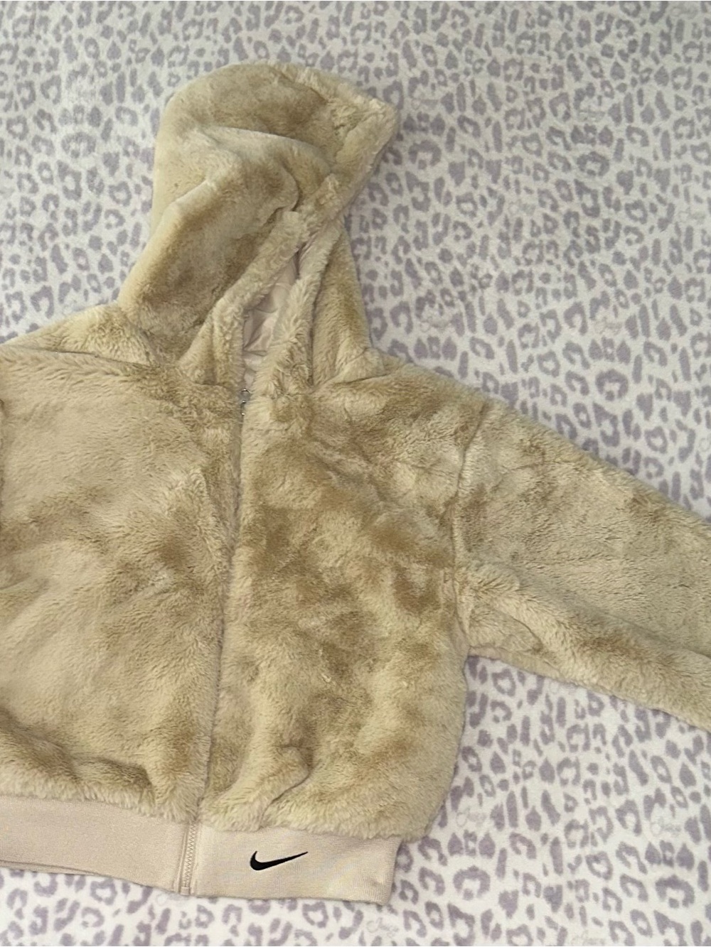 Nike Hooded Faux-Fur Puffer Jacket in Light Tan